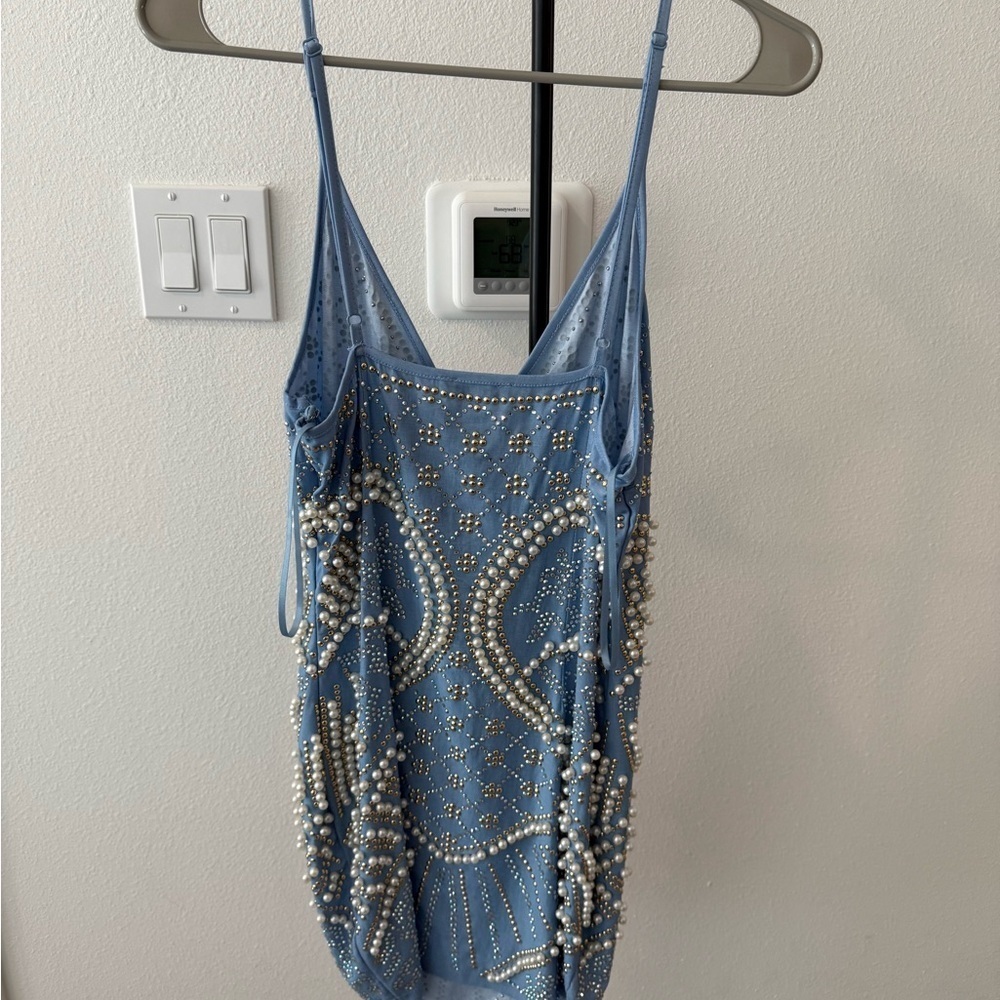 Fashion Nova women’s Light Blue color Dress with Pearl and Gold Accents large - Picture 4 of 5